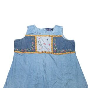 Vintage Willow Ridge Denim Jumper Dress Women's Size 3X Blue Floral Patchwork